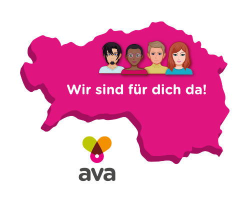 Steiermark-Karte mit ava Logo und Text "Wir sind für dich da!"